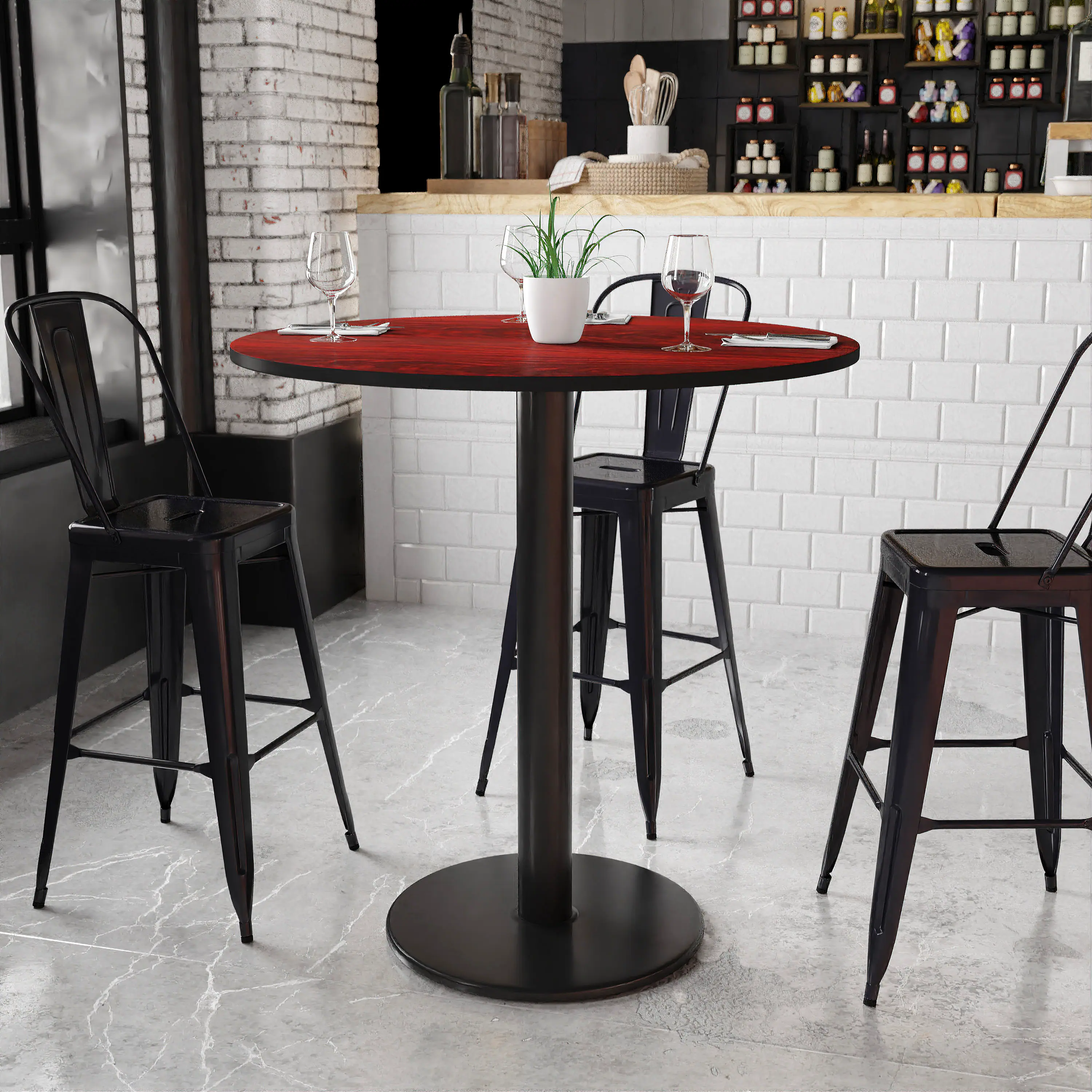 Angle. Flash Furniture - Stiles 42'' Round Mahogany Laminate Table Top with 24'' Round Bar Height Table Base - Brown.