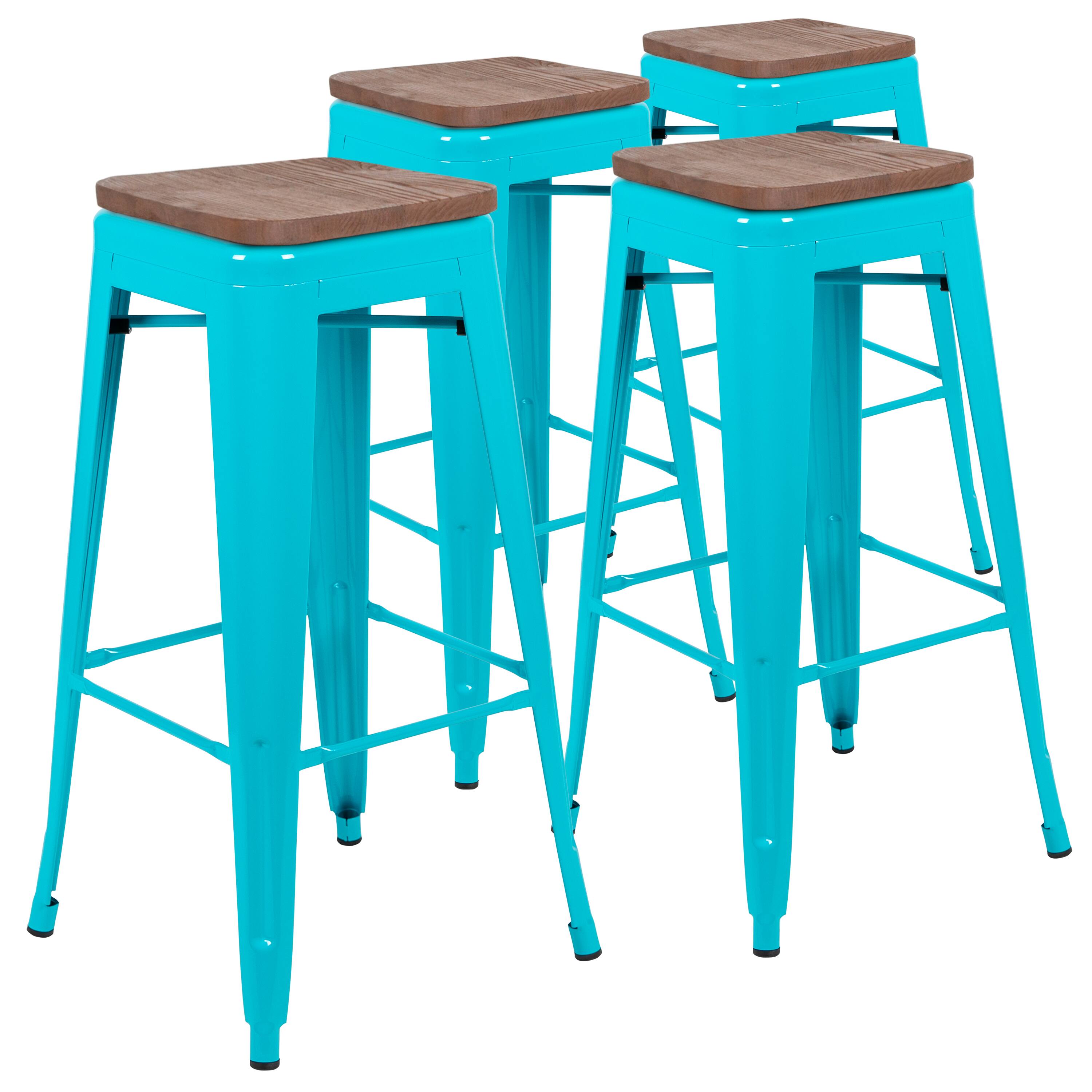 Alt View 1. Emma + Oliver - 30" High Metal Indoor Bar Stool with Wood Seat - Stackable Set of 4 - Teal.