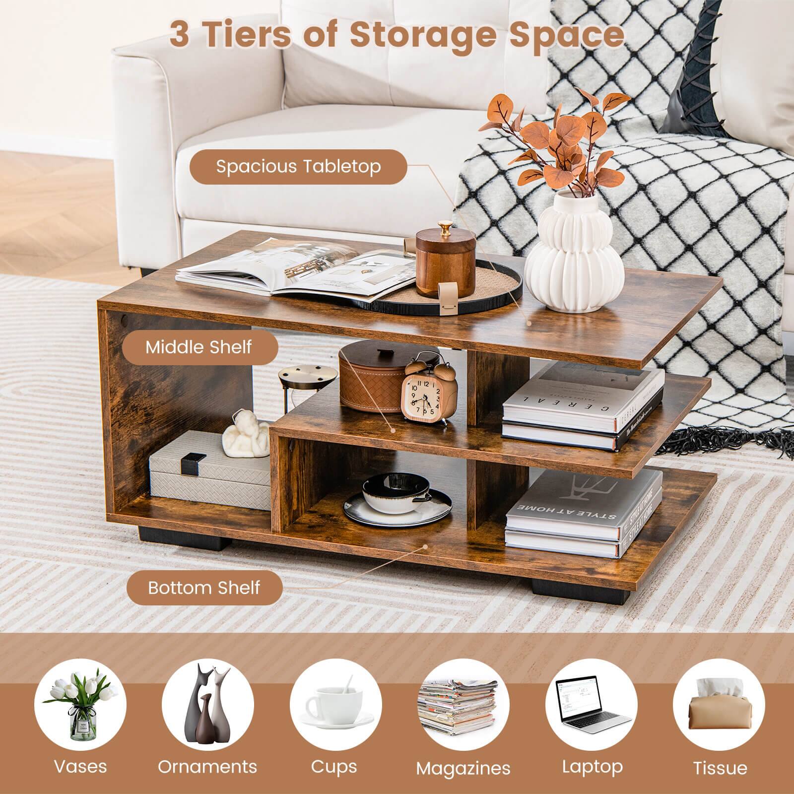 3 Tiers of Storage Space

- Spacious Tabletop
- Middle Shelf
- Bottom Shelf

Vases  
Ornaments  
Cups  
Magazines  
Laptop  
Tissue
