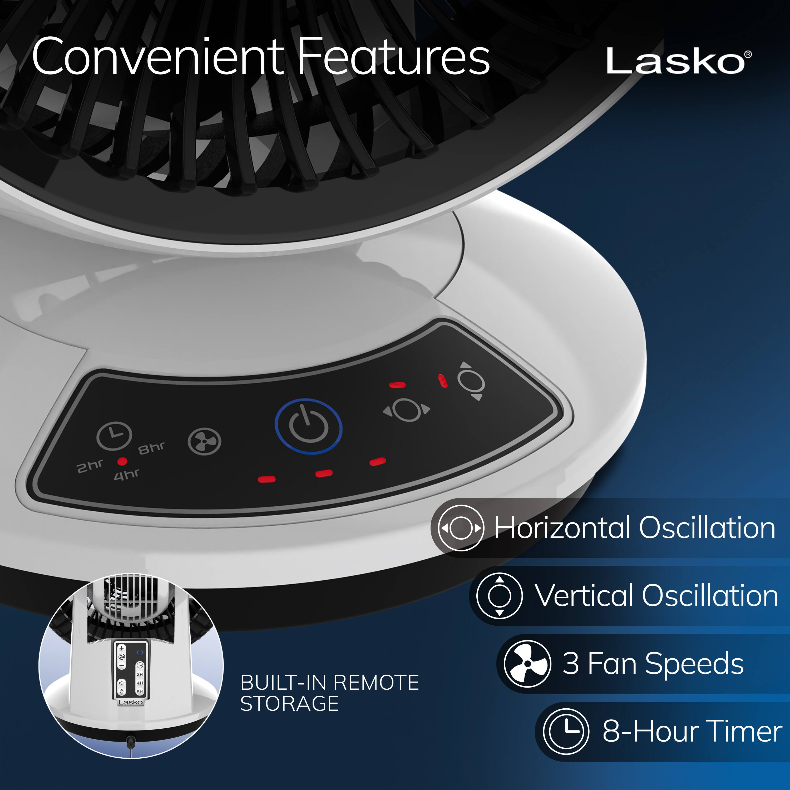 Convenient Features: Lasko 8-Hour Timer, 2-Hour Timer, 4-Hour Timer, Horizontal Oscillation, Vertical Oscillation, Built-In Remote Storage, 3 Fan Speeds.