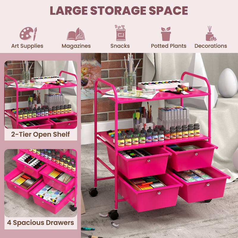 LARGE STORAGE SPACE  
Art Supplies  
Magazines  
Snacks  
Potted Plants  
Decorations  
2-Tier Open Shelf  
4 Spacious Drawers