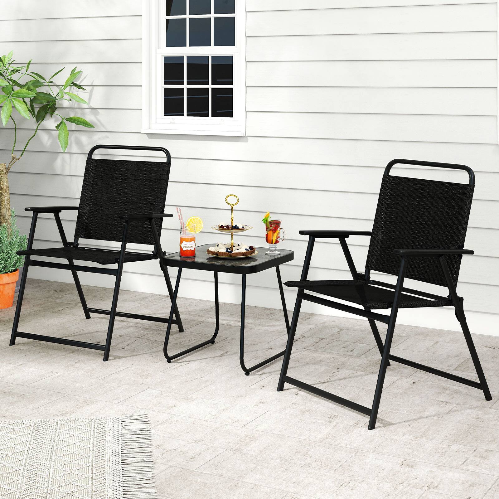 Alt View 1. Gymax - Gymax 3-Piece Patio Furniture Set Folding Fabric Chairs & Marble-Like Top Coffee Table - Black.