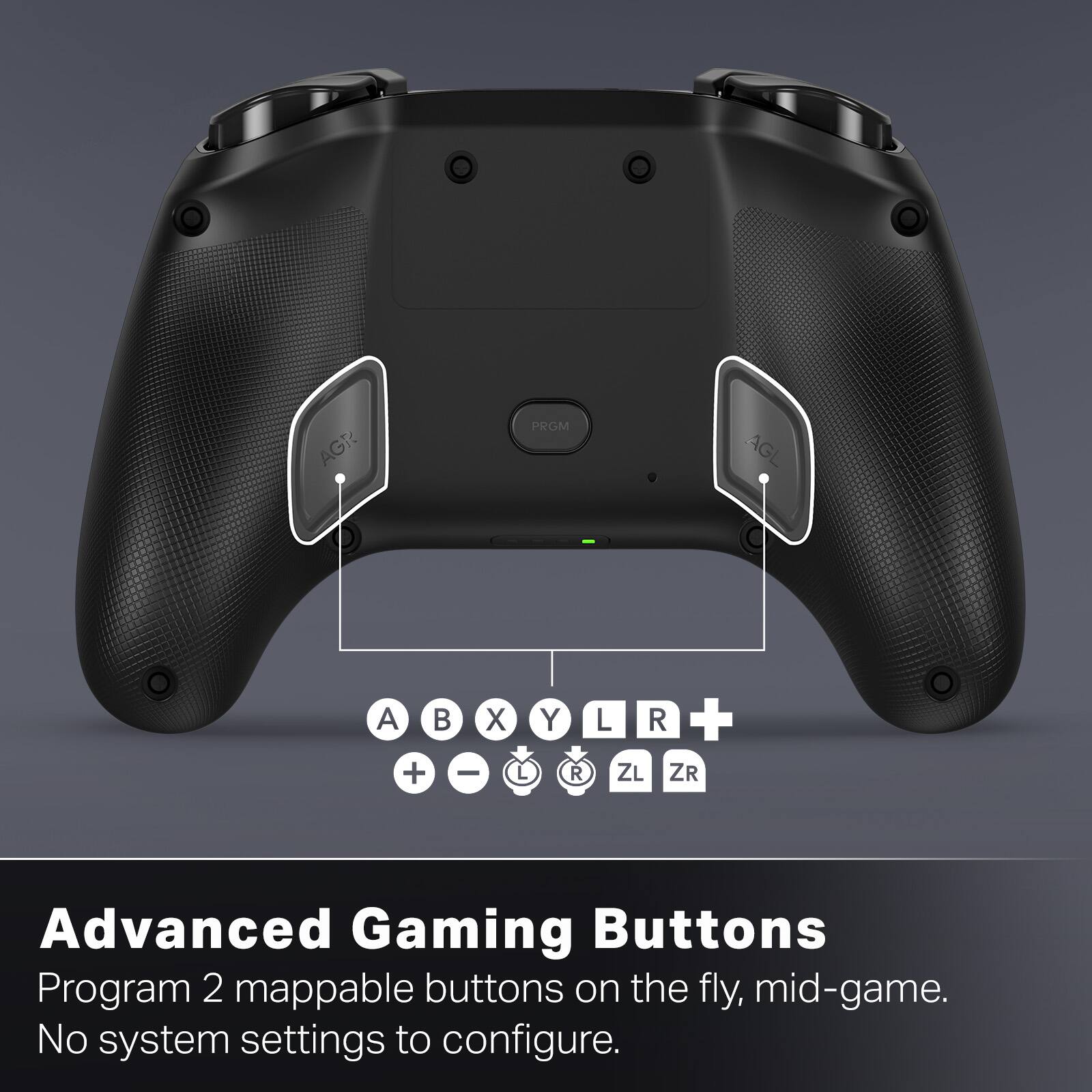 AGR AGL A B X Y L R + - ZL ZR

Advanced Gaming Buttons
Program 2 mappable buttons on the fly, mid-game.
No system settings to configure.