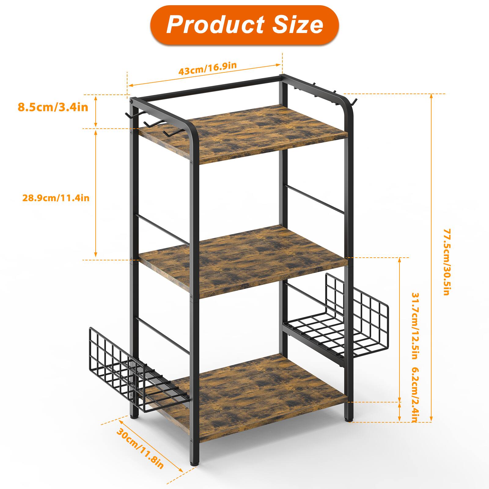 Product Size: 43cm/16.9in, 8.5cm/3.4in, 28.9cm/11.4in, 30cm/11.8in, 31.7cm/12.5in, 6.2cm/2.4in, 77.5cm/30.5in