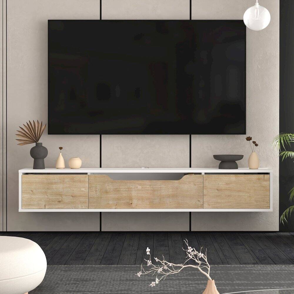 Left. Atelier Mobili - Floating TV Stand for Up to 80 Inch TVs – Wall Mounted Media Console - White.