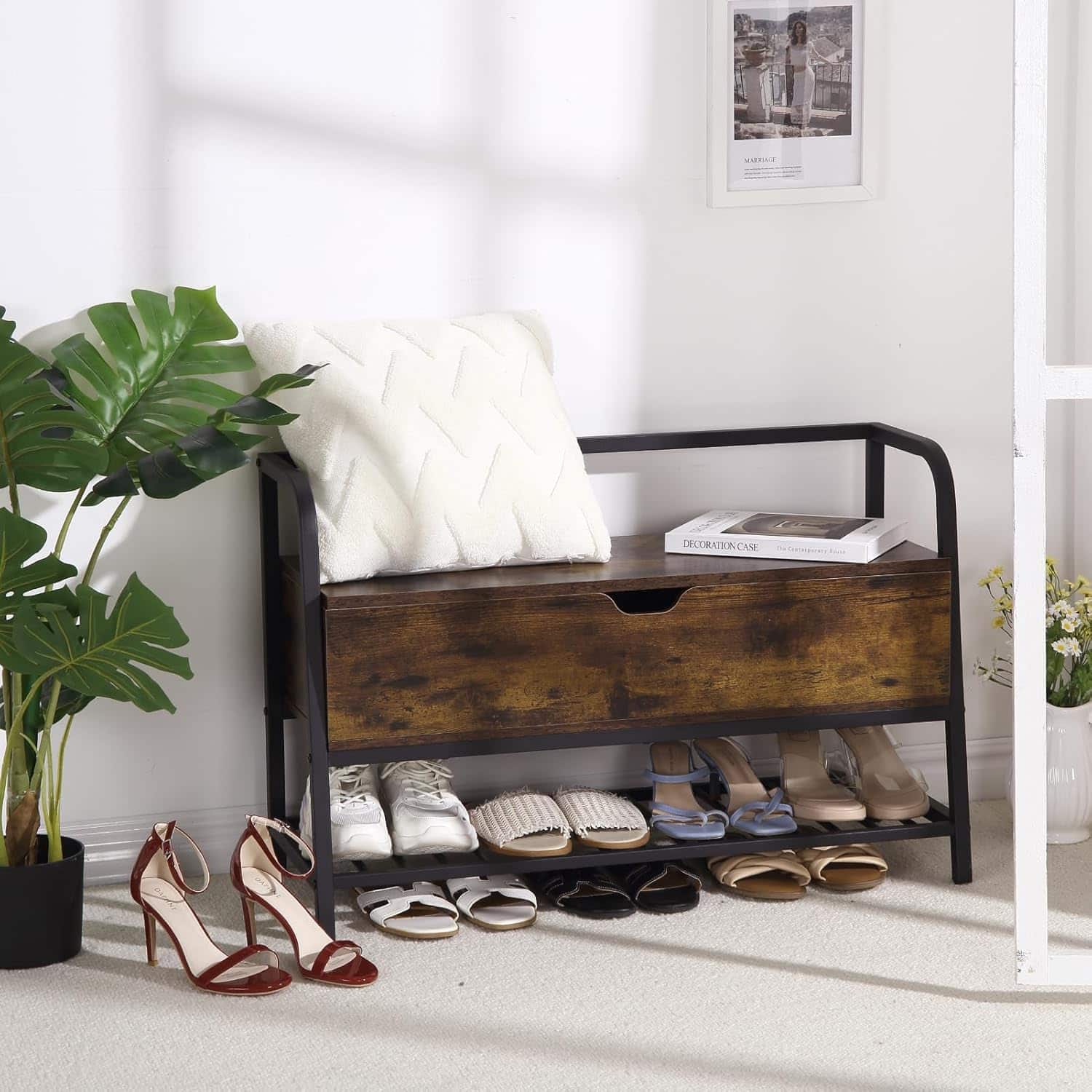 Acekool - Shoe Bench, Lift Top Storage Entryway Bench, Metal & Wood Shoe Rack Organizer for Hallway, Bedroom, Closet - Brown