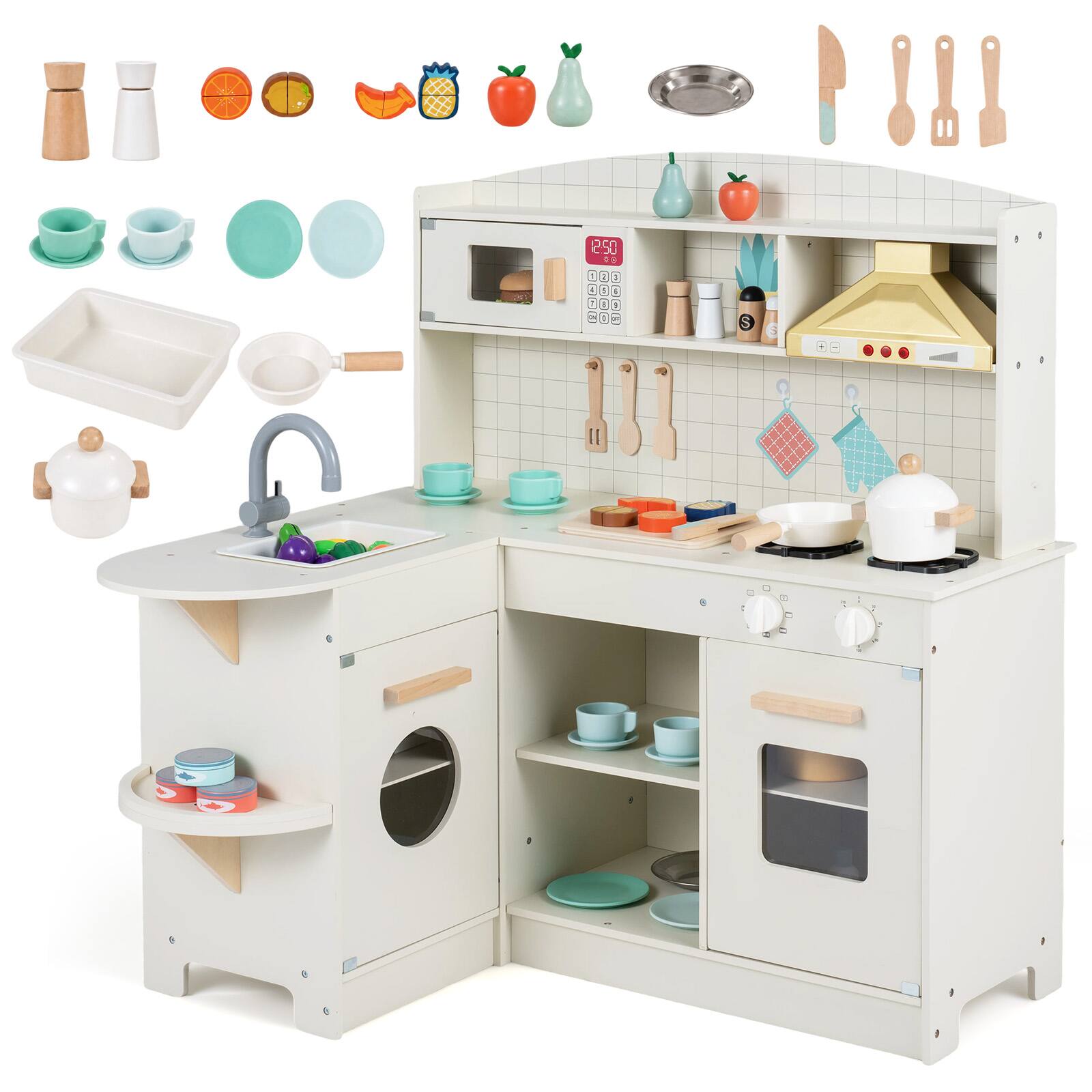 Alt View 9. Gymax - Gymax Wooden Play Kitchen for Kids w/Lights Sounds Stove Microwave Sink Accessories White - White.