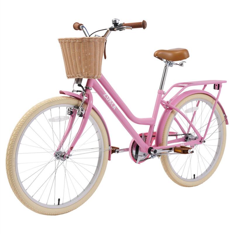 Alt View 2. HTUTWOO - Steel Frame 24" Bike for 10+ Years Old, Adjustable Leather Saddle, Anti-Skid Tires, V Brake & Coaster Brake, with Basket - Light Pink.