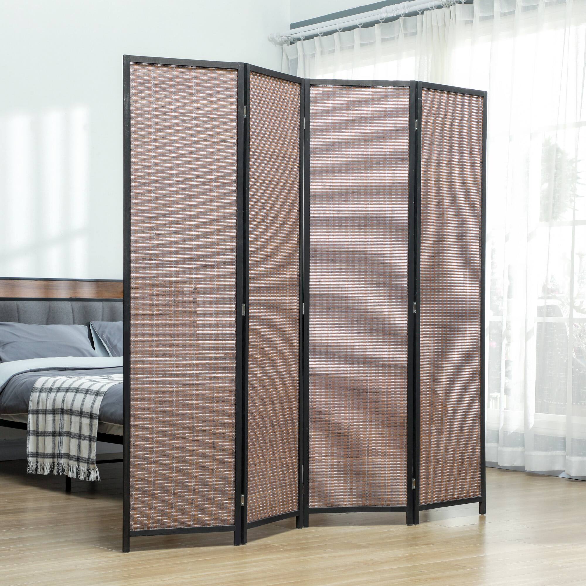 Alt View 1. Homcom - Divider Folding Privacy Screen Freestanding 4 Panel Pine Wood for Bedroom Home Office 6 Ft Tall Black - Black, Brown.