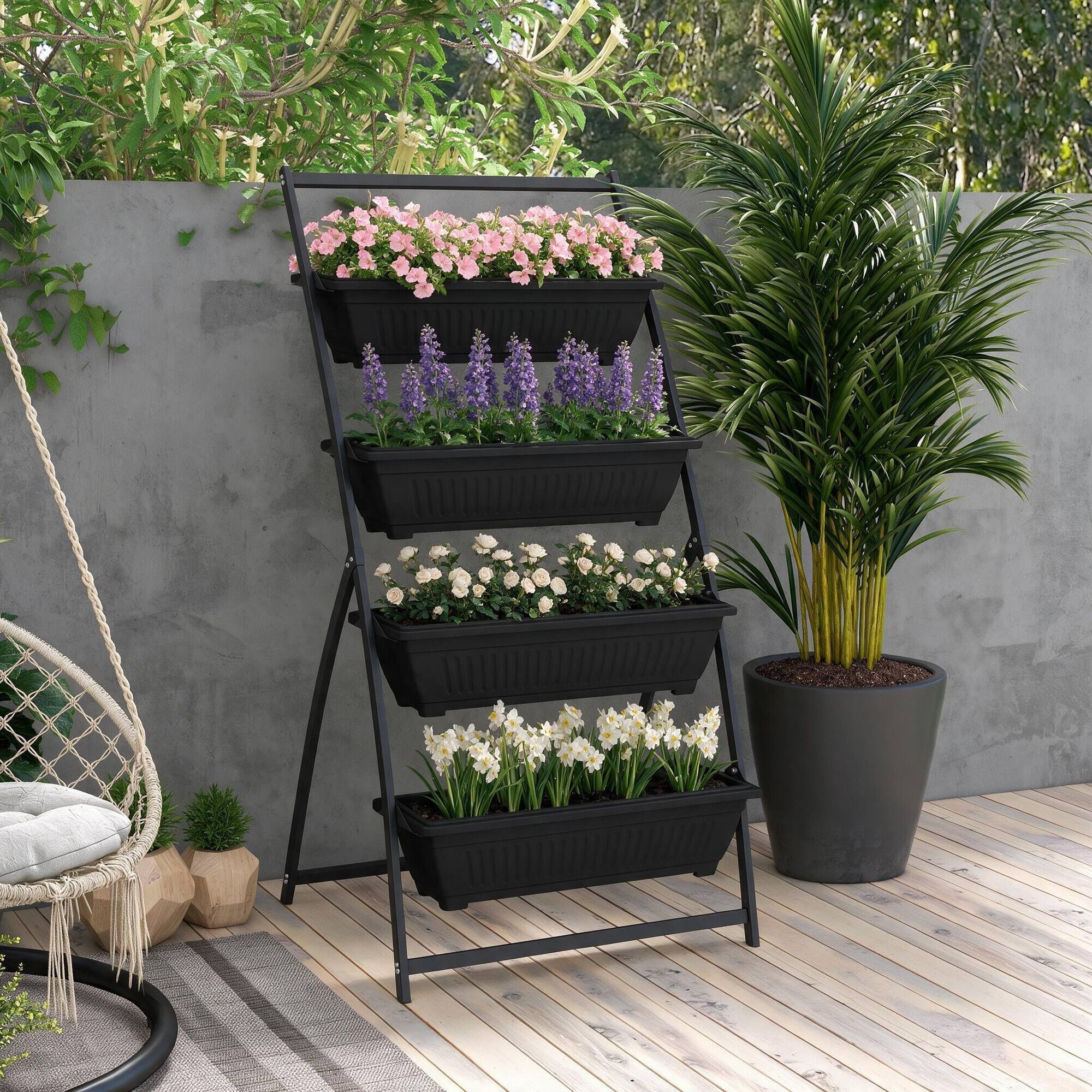 Left. RYHNUYNE - Outsunny 4 Tier Raised Garden Bed, Vertical Planter Boxes with Stand, Self Draining Elevated Outdoor Garden - Black.