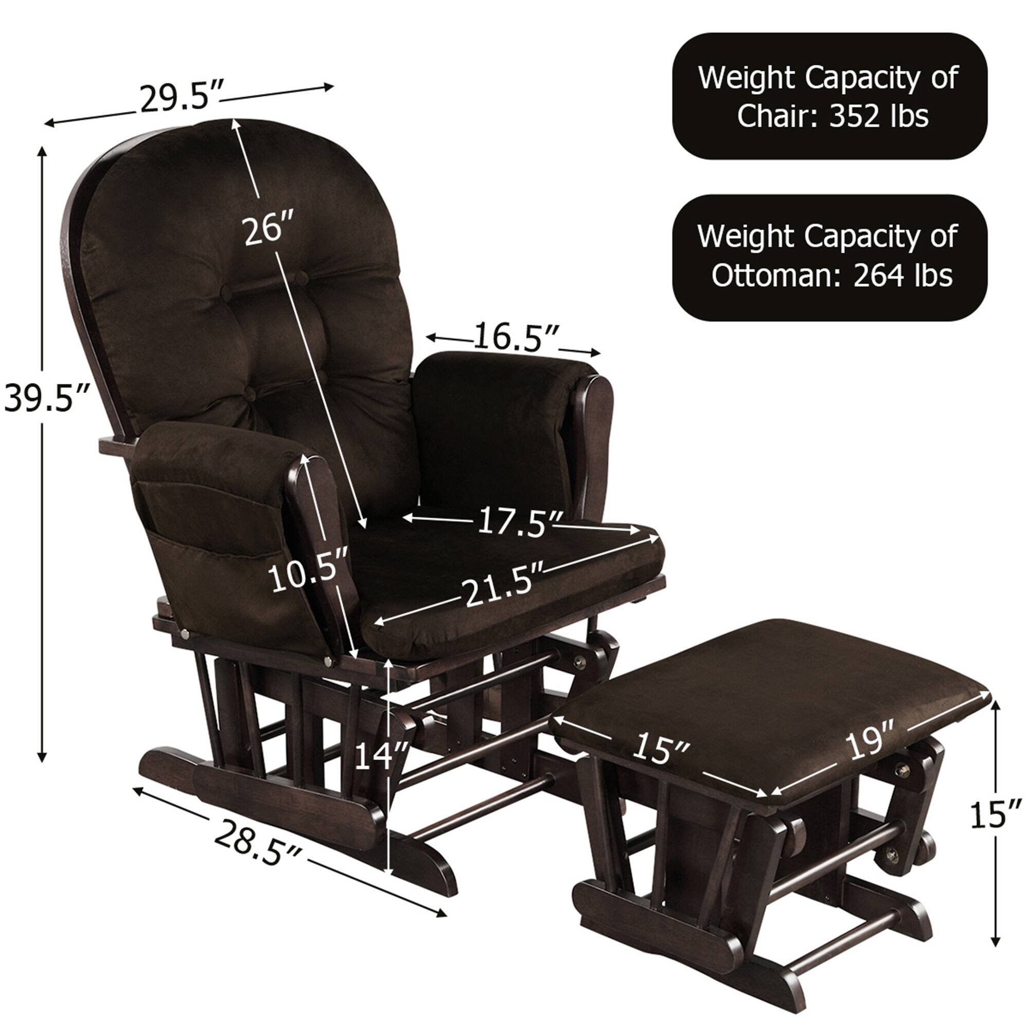- Weight Capacity of Chair: 352 lbs
- Weight Capacity of Ottoman: 264 lbs

- 29.5" (height of the chair)
- 26" (height of the backrest)
- 39.5" (overall height of the chair)
- 16.5" (depth of the seat)
- 17.5" (width of the seat)
- 10.5" (depth of the backrest)
- 21.5" (width of the backrest)
- 28.5" (width of the base)
- 14" (depth of the base)
- 15" (height of the ottoman)
- 19" (width of the ottoman)
- 15" (depth of the ottoman)