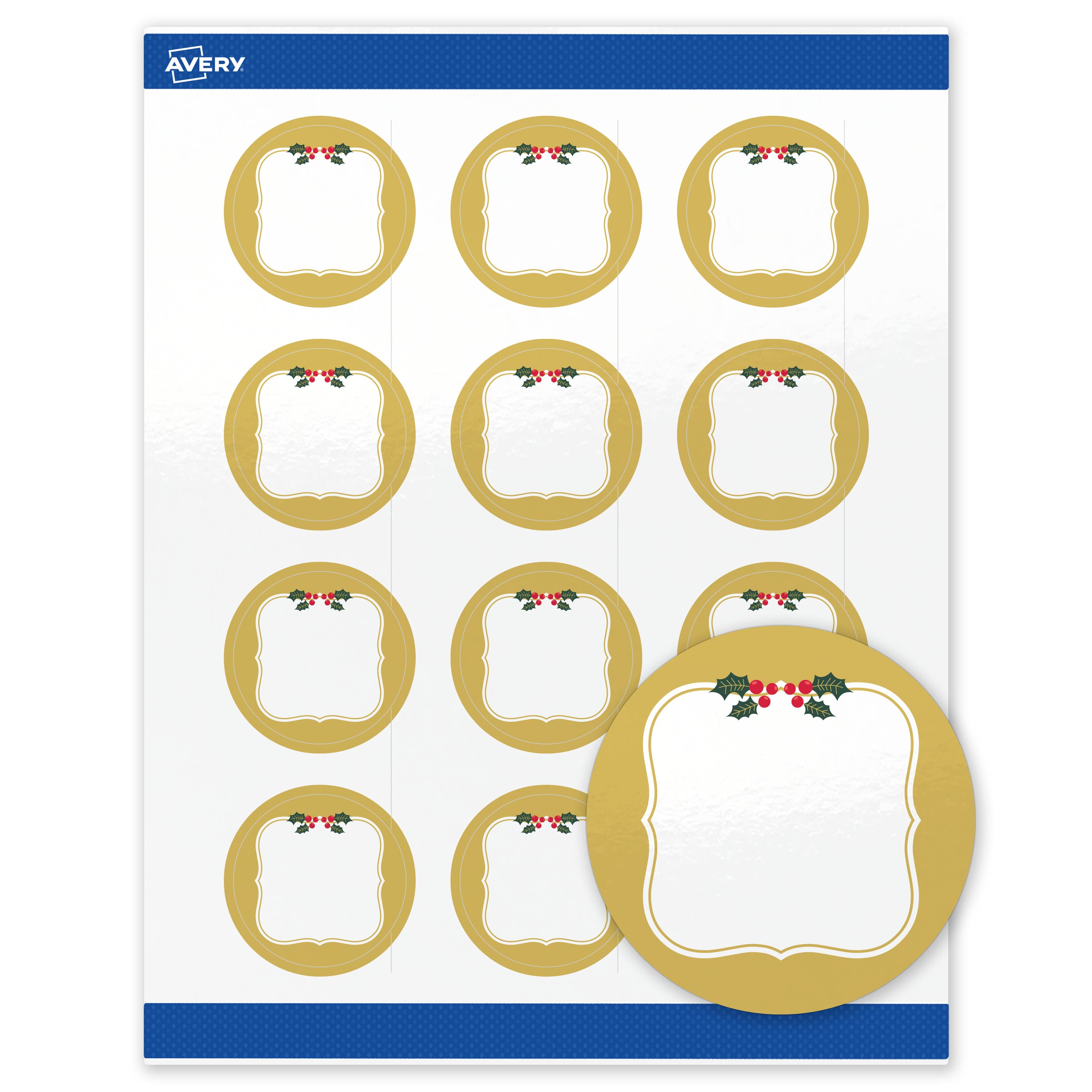 Avery - Avery® Labels, 2" Diameter, Glossy Gold Frame/Holly Berries - White