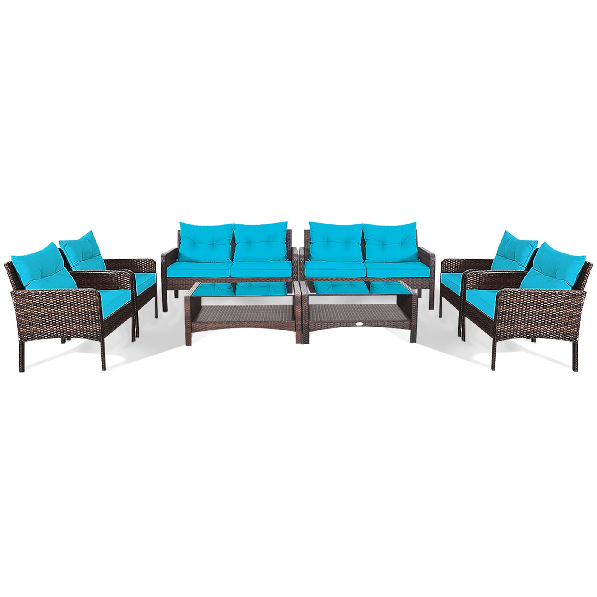 Alt View 1. Gymax - Gymax 8PCS Rattan Patio Conversation Set Outdoor Furniture Set Cushioned - Turquoise.
