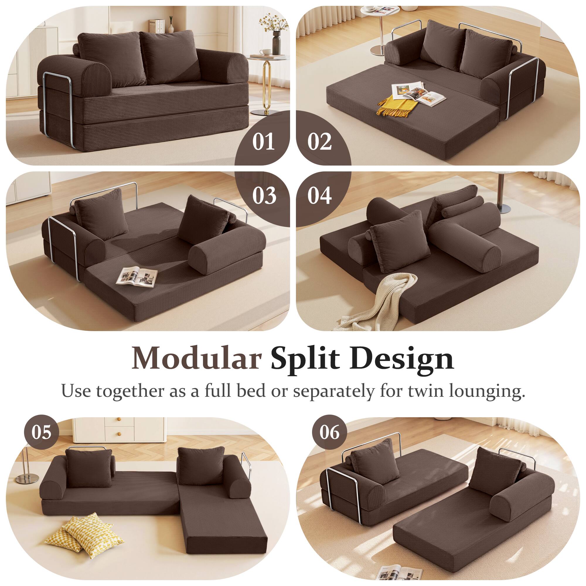 Modular Split Design  
Use together as a full bed or separately for twin lounging.