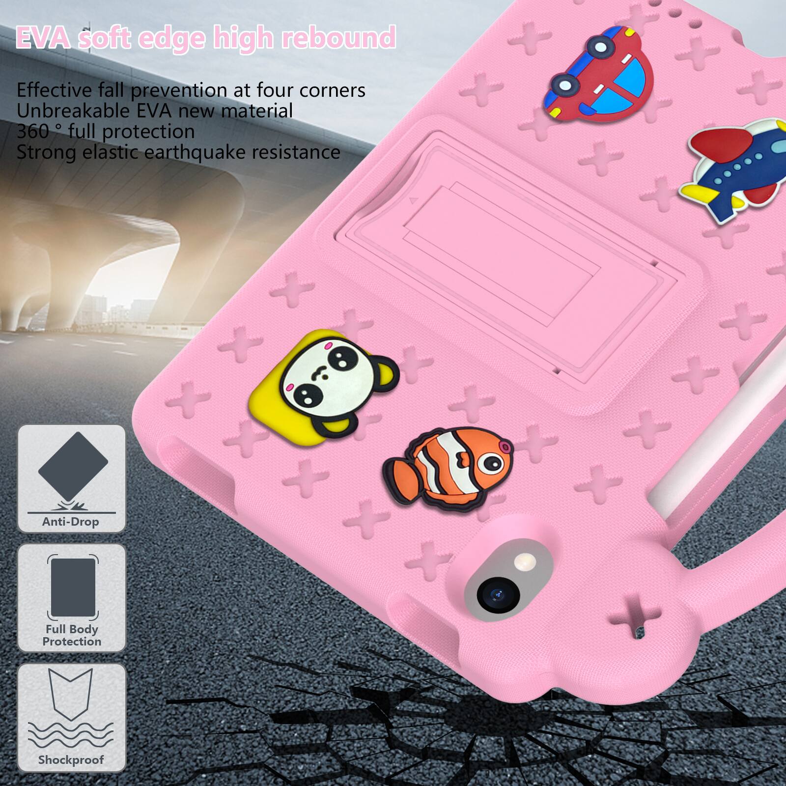 EVA soft edge high rebound  
Effective fall prevention at four corners  
Unbreakable EVA new material  
360° full protection  
Strong elastic earthquake resistance  

Anti-Drop  
Full Body Protection  
Shockproof
