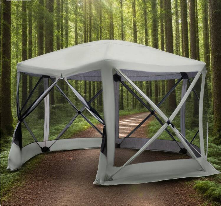 Left. Tiramisubest - 6-Sided Hexagon Pop Up Party Tent Gazebo with Mesh Walls, 12' x 12', Beige - Beige.