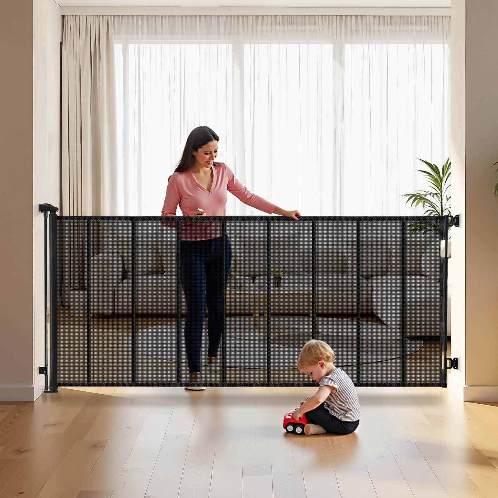 Front. VEVOR - Retractable Baby Gate, Extends to 163.3 inch Extra Wide, 39 inch Tall, with Reinforced Fiberglass Strips.