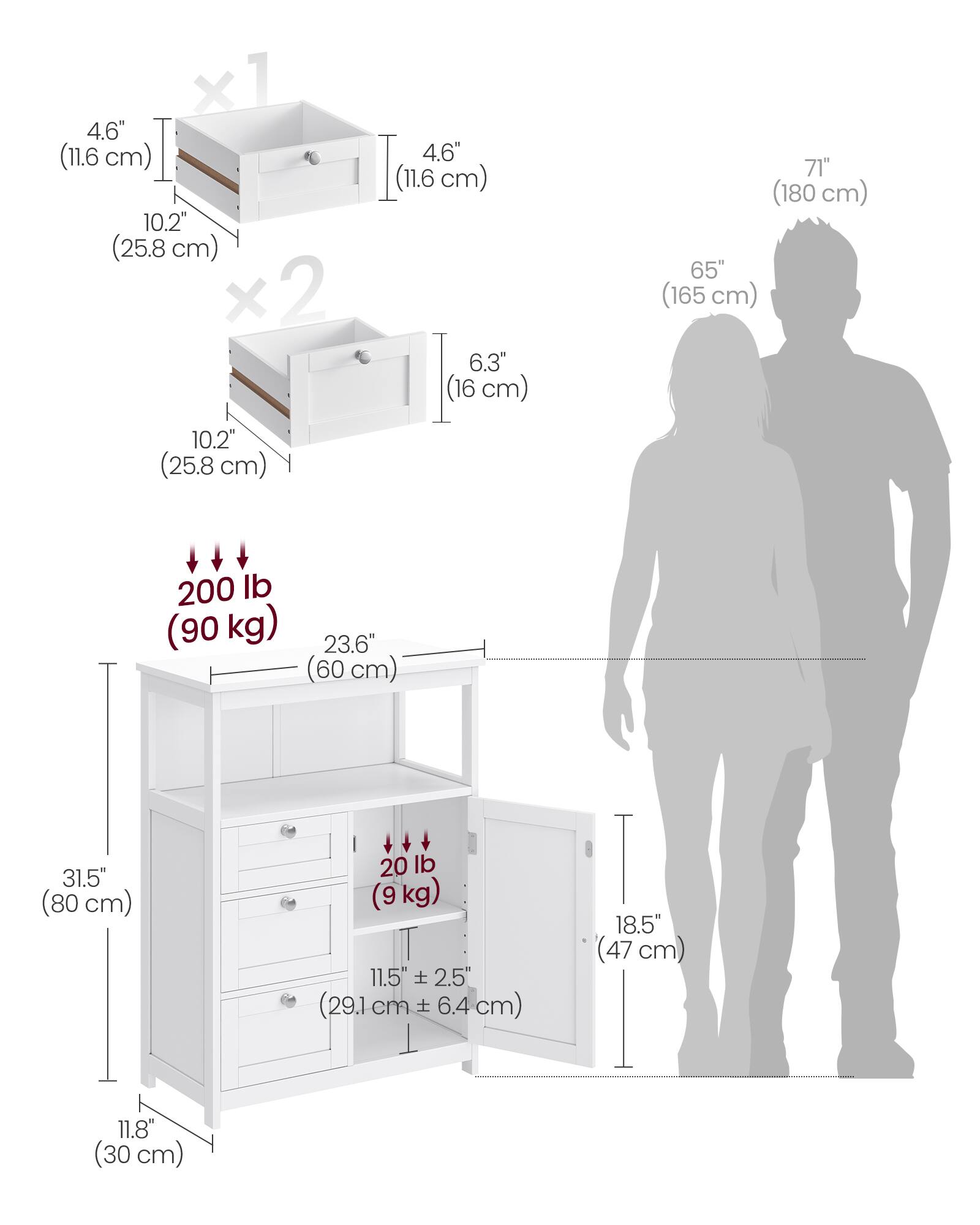 4.6" (11.6 cm) x 1  
10.2" (25.8 cm) x2  
4.6" (11.6 cm)  
6.3" (16 cm)  
71" (180 cm)  
65" (165 cm)  
10.2" (25.8 cm)  
200 lb (90 kg)  
23.6" (60 cm)  
31.5" (80 cm)  
20 lb (9 kg)  
11.5" ± 2.5" (29.1 cm ± 6.4 cm)  
18.5" (47 cm)  
11.8" (30 cm)