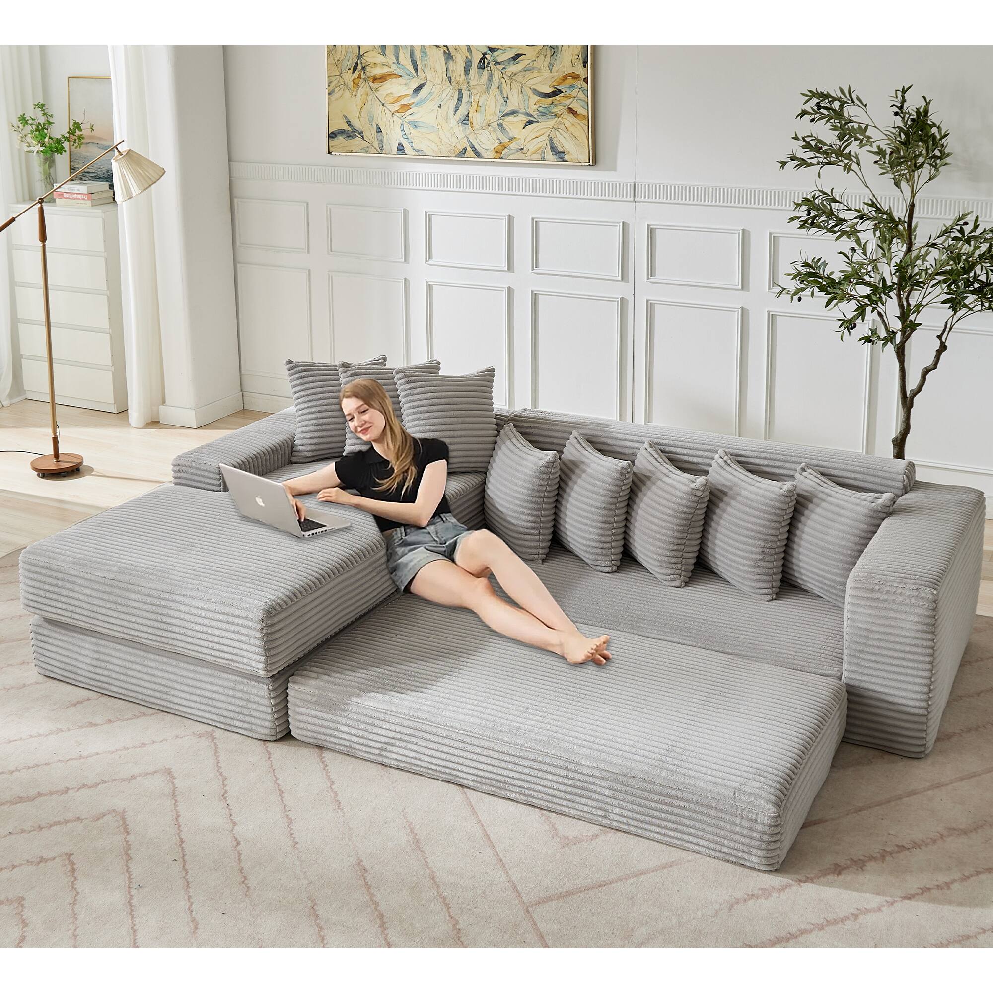 Left. TinyHomie - Oversize Cloud Couch L-Shape Sofa Convertible Floor Sleeper Sofa Bed No Assembly Eight pillows 3-in-1 Side Pocket - Light Gray.