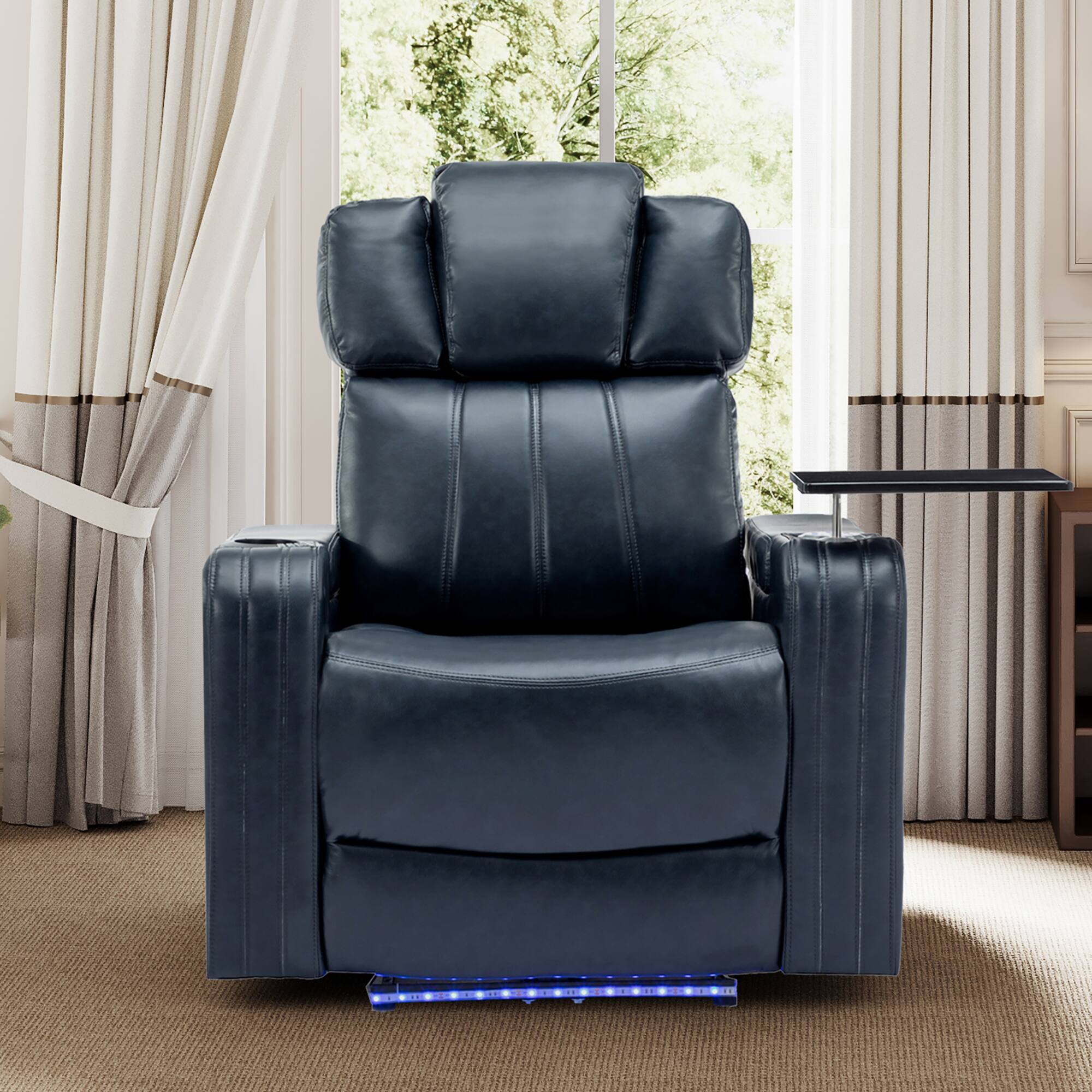 Front. APRILSOUL - Pu Leather Power Recliner Home Theater Recliner with Cooling Cup Holder Bluetooth Usb Tray Arm Storage Blue - Blue.