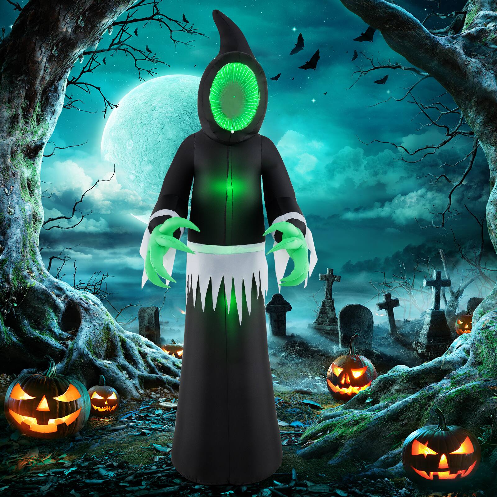 Alt View 11. Costway - 8 FT Giant Halloween Inflatable Ghost Blow up Ghost Decoration with Built-in LED Lights and Mirror Face - Black + Green.