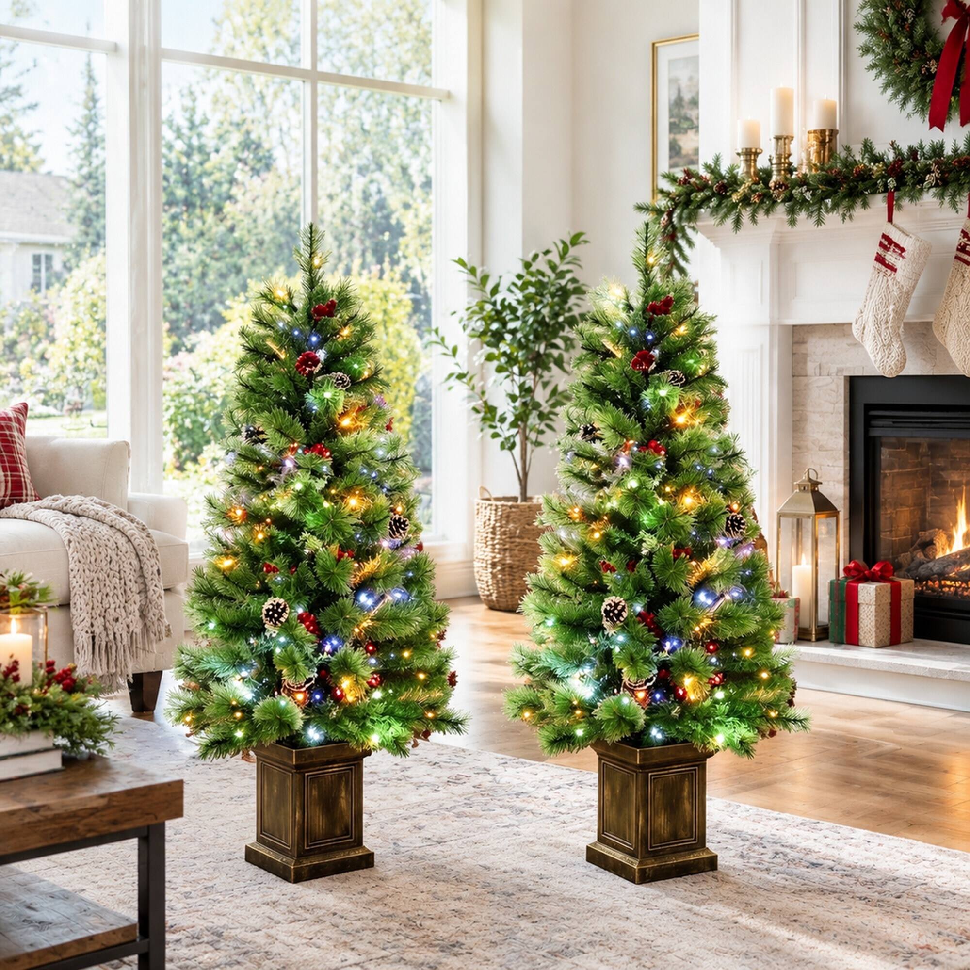Back. RYHNUYNE - 4FT Pre-Lit Green Pine Christmas Tree Set of 2 With Dual-Color LED Lights and Remote Control - Green.