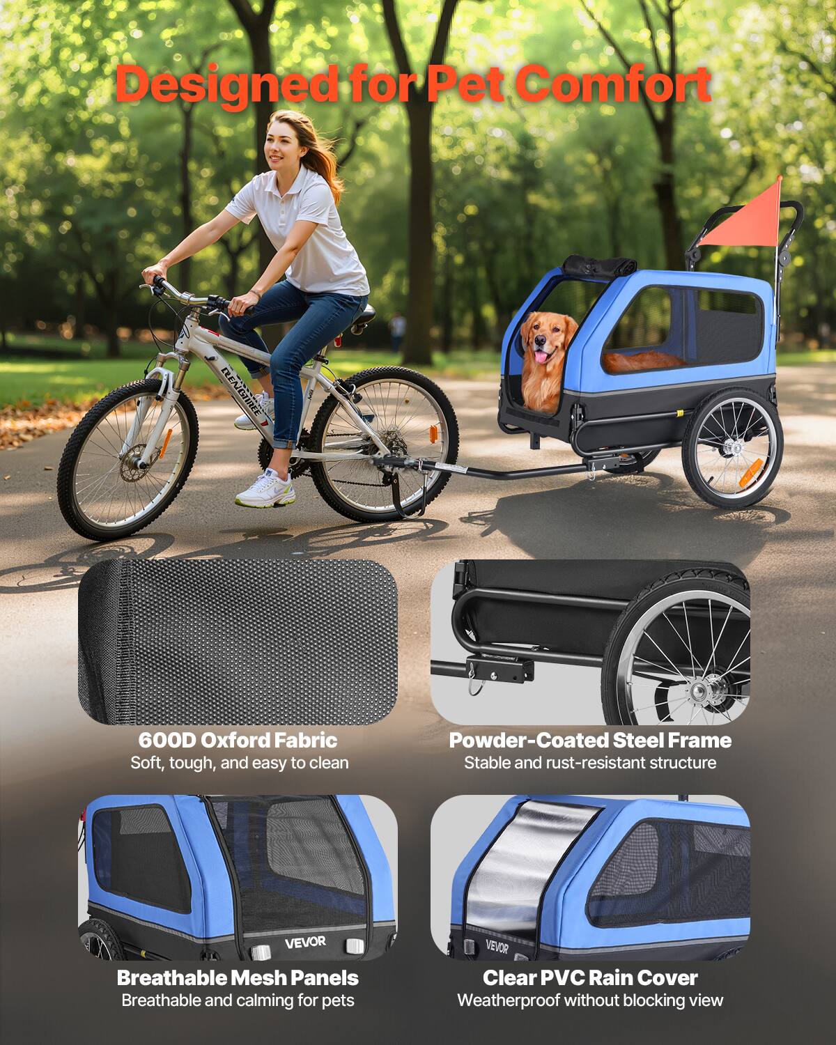 Designed for Pet Comfort

- 600D Oxford Fabric
  - Soft, tough, and easy to clean

- Powder-Coated Steel Frame
  - Stable and rust-resistant structure

- Breathable Mesh Panels
  - Breathable and calming for pets

- Clear PVC Rain Cover
  - Weatherproof without blocking view