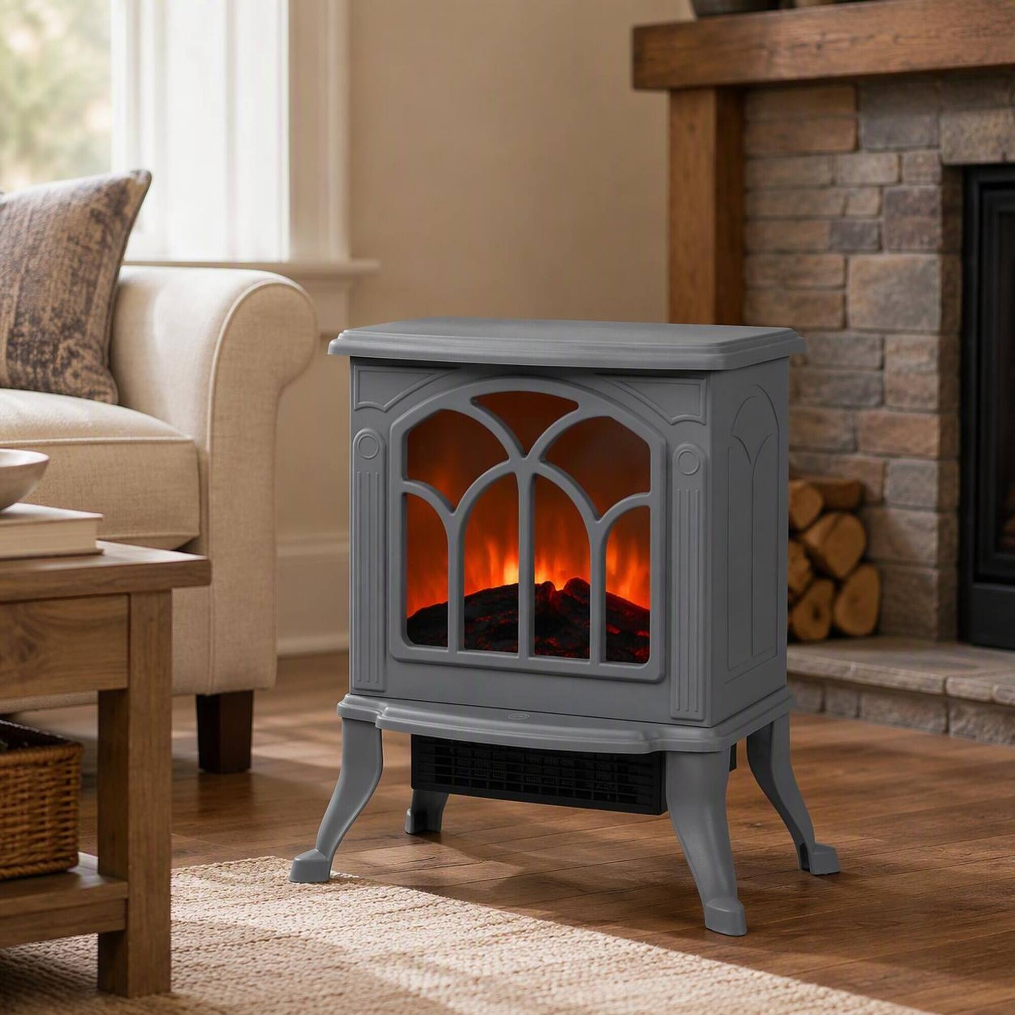 Front. RYHNUYNE - Freestanding Electric Fireplace Stove with Realistic Logs & Flame Effect, 750W/1500W Heater, Overheat - Gray.