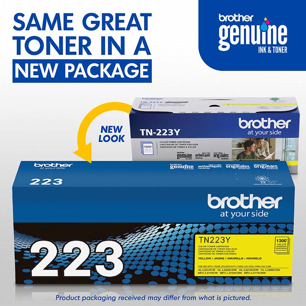 SAME GREAT TONER IN A NEW PACKAGE brother genuine INK & TONER TN-223Y NEW TN-223Y LOOK OLO TONE ARTEI CARTOUES - TONES COULEUR 1S00 ISUTRAS DE TONR a ELO brother at your side naere genuine ntnteques g ong.nales  WN brother nt M mdtun genume authert onigmales originais 223 brother at your side TN223Y 1300  On TONER CAInnE CARTOLICUM D TAEE OOLE EL CARTUOHO T FOE COLOR ARTULE T rRu DE ORIO 223 YELLOW , JAUNE / AMARILLO AMARELO FOM LEE WITAIROU UTLIR  use CON uNE C -13210CW HIL-L3230CDW HL-L3270COW HL-L3290COW MFC43710CW MFC-L3PSOCOW MFC-L37P0COW Product packaging received may differ from what is pictured.