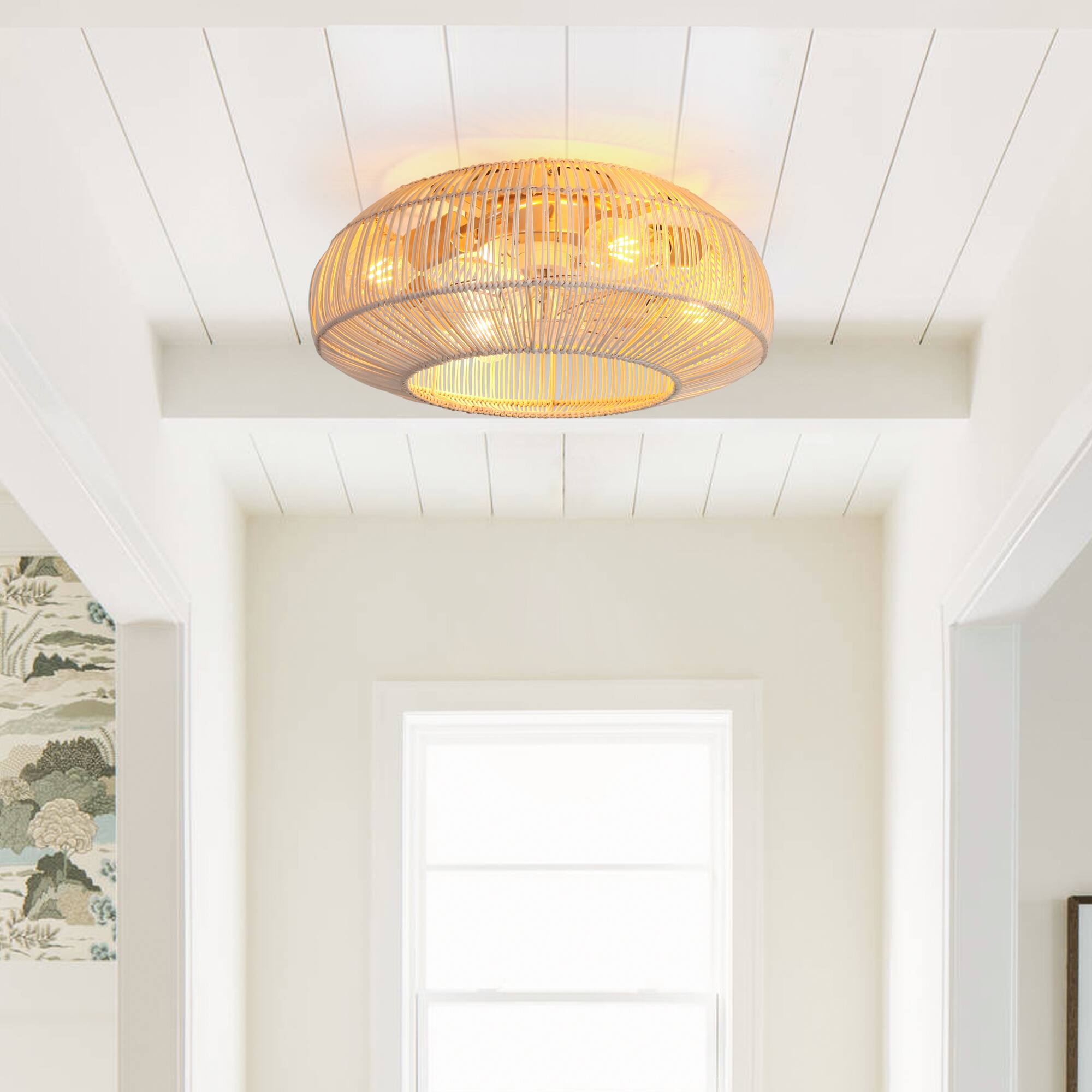 Left. Parrot Uncle - 20" Coastal Weave Rattan Gold Flush Mount Caged Ceiling Fan with Remote - Gold.