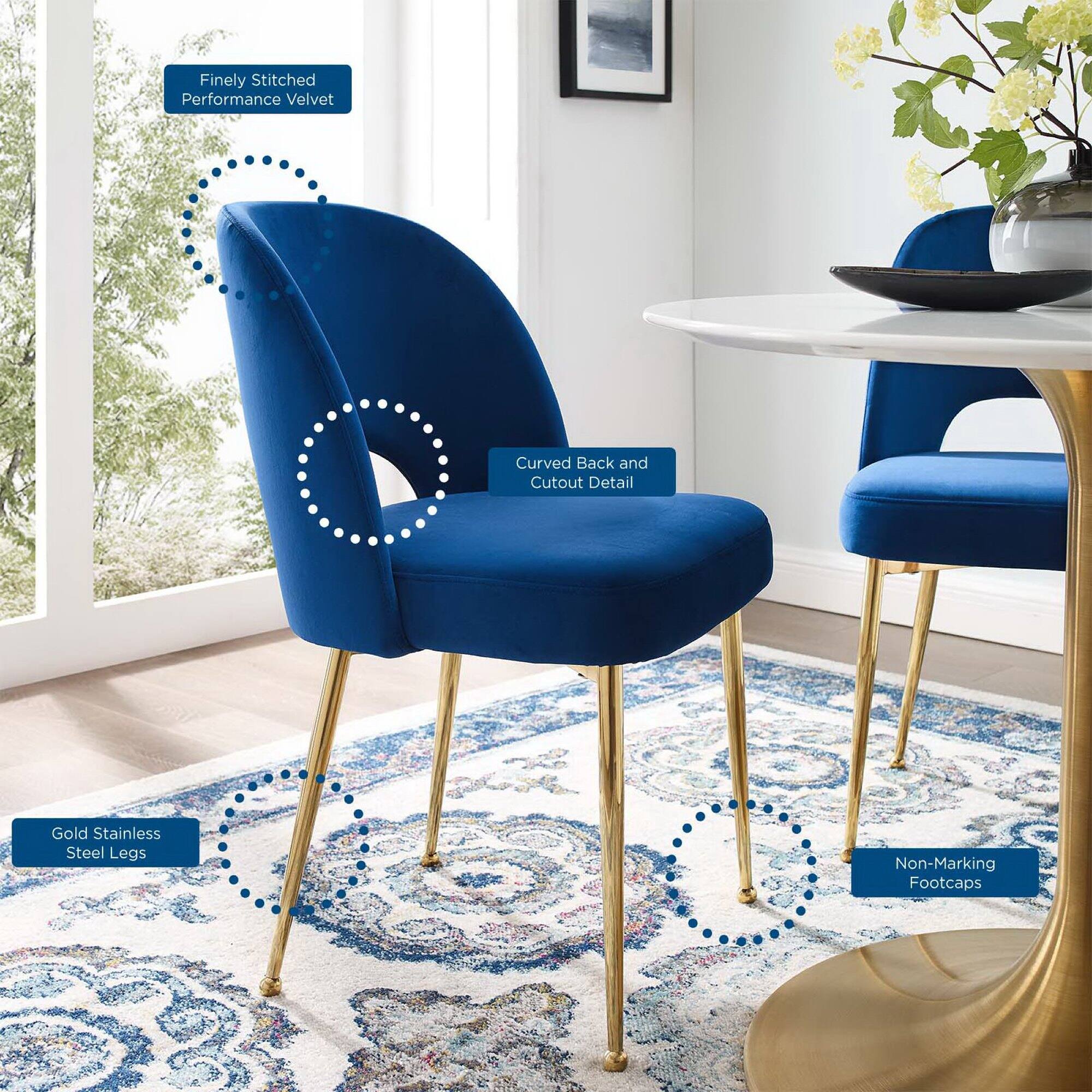 - Finely Stitched Performance Velvet
- Curved Back and Cutout Detail
- Gold Stainless Steel Legs
- Non-Marking Footcaps