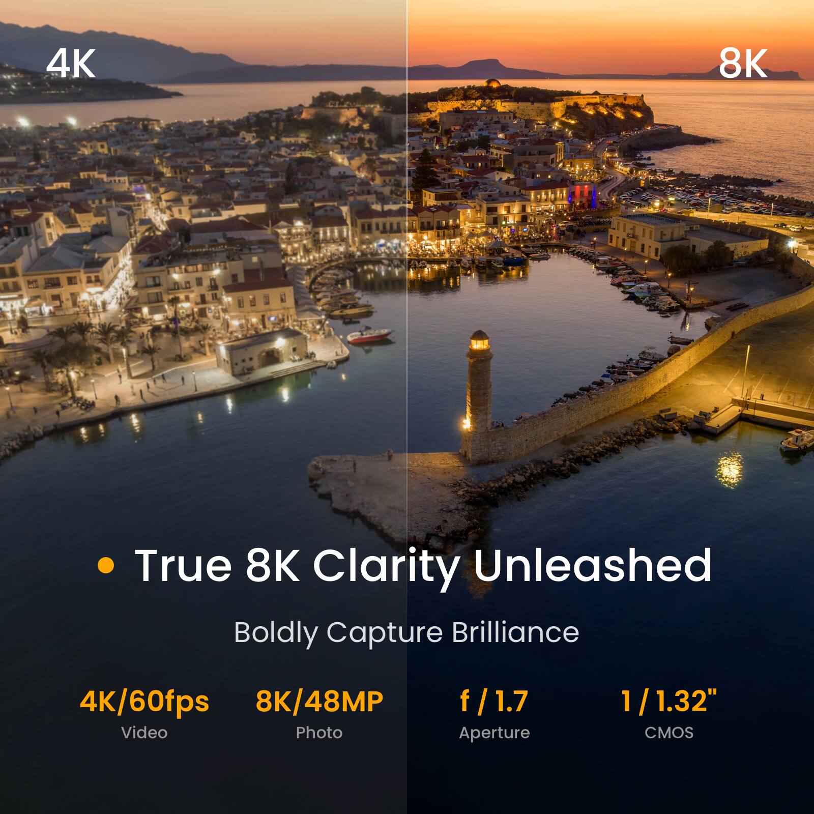 4K 8K True 8K Clarity Unleashed Boldly Capture Brilliance  
4K/60fps 8K/48MP Video Photo  
f / 1.7 Aperture 1/1.32" CMOS