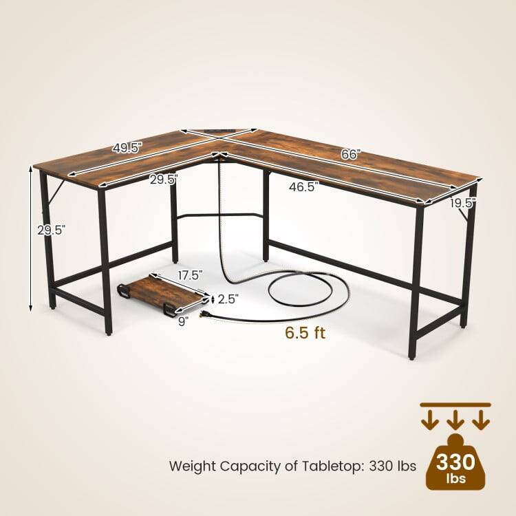 49.5" 66" 29.5" 46.5" 19.5" 29.5" 17.5" 2.5" 9" 6.5 ft

Weight Capacity of Tabletop: 330 lbs
