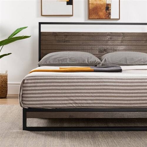 Back. Hivvago - King size Modern Metal Wood Platform Bed Frame with Headboard in Gray - Gray.