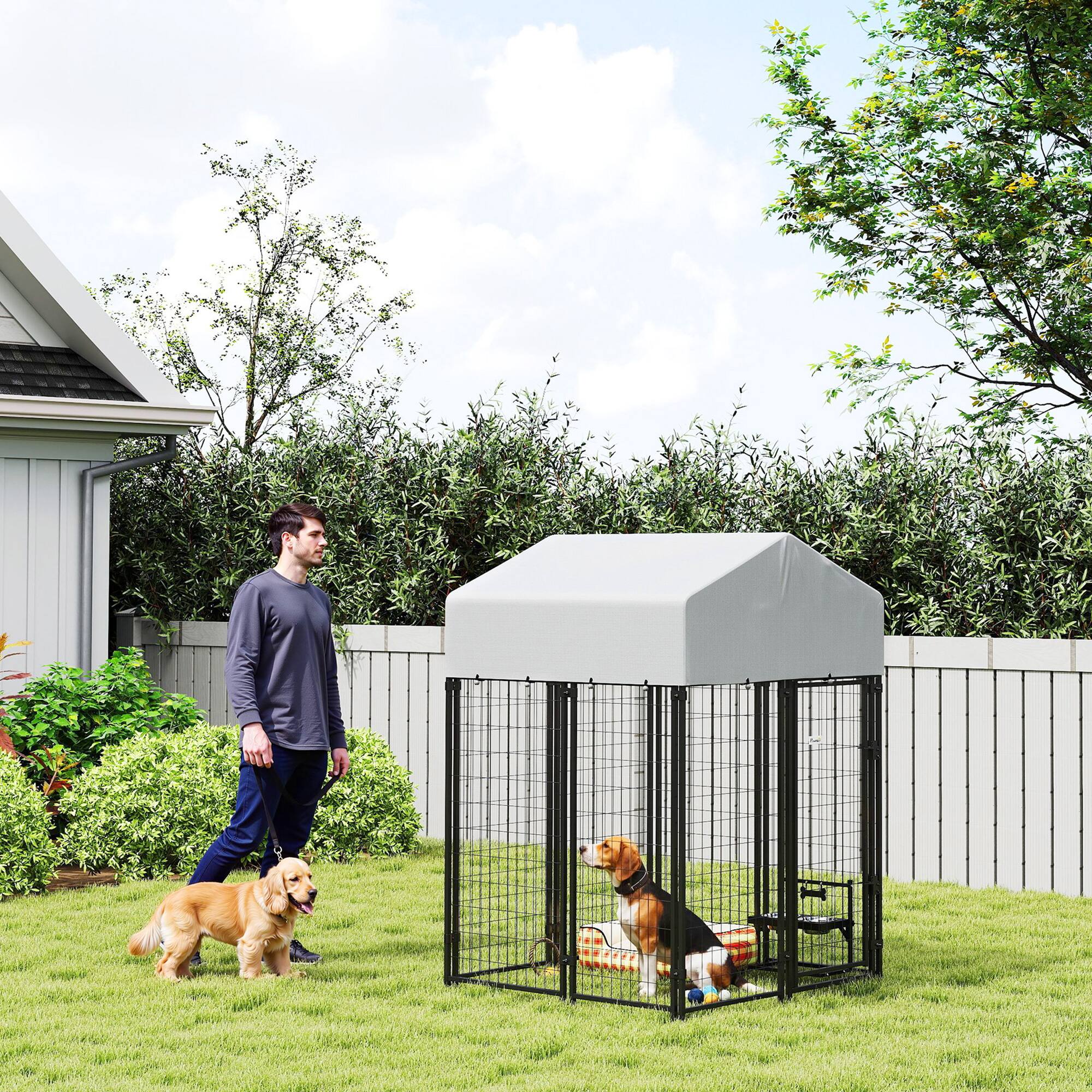 Alt View 1. Pawhut - Dog Kennel with Roof - Silver.