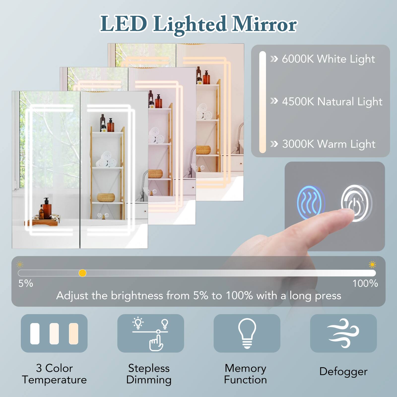 LED Lighted Mirror

- 6000K White Light
- 4500K Natural Light
- 3000K Warm Light

Adjust the brightness from 5% to 100% with a long press

- 3 Color Temperature
- Stepless Dimming
- Memory Function
- Defogger
