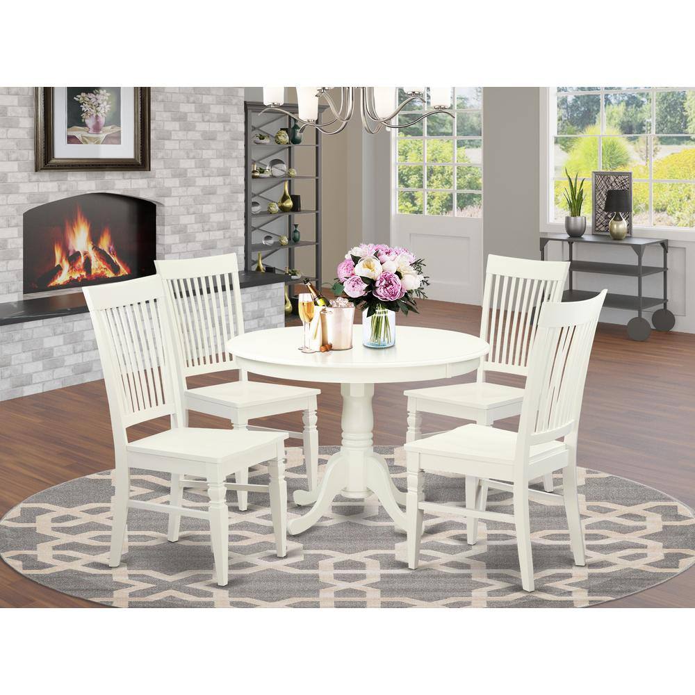 Back. East West Furniture - 5 Pc set with a Round Dinette Table and 4 Wood Dinette Chairs in Linen White - Linen White.