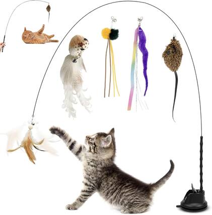 Front. Auledio - Cat Toy Set Interactive Cat Toy Playing Teaser Wand Toy with Suction Cup Feathers for Small Large Cats Christmas gifts - Brown.