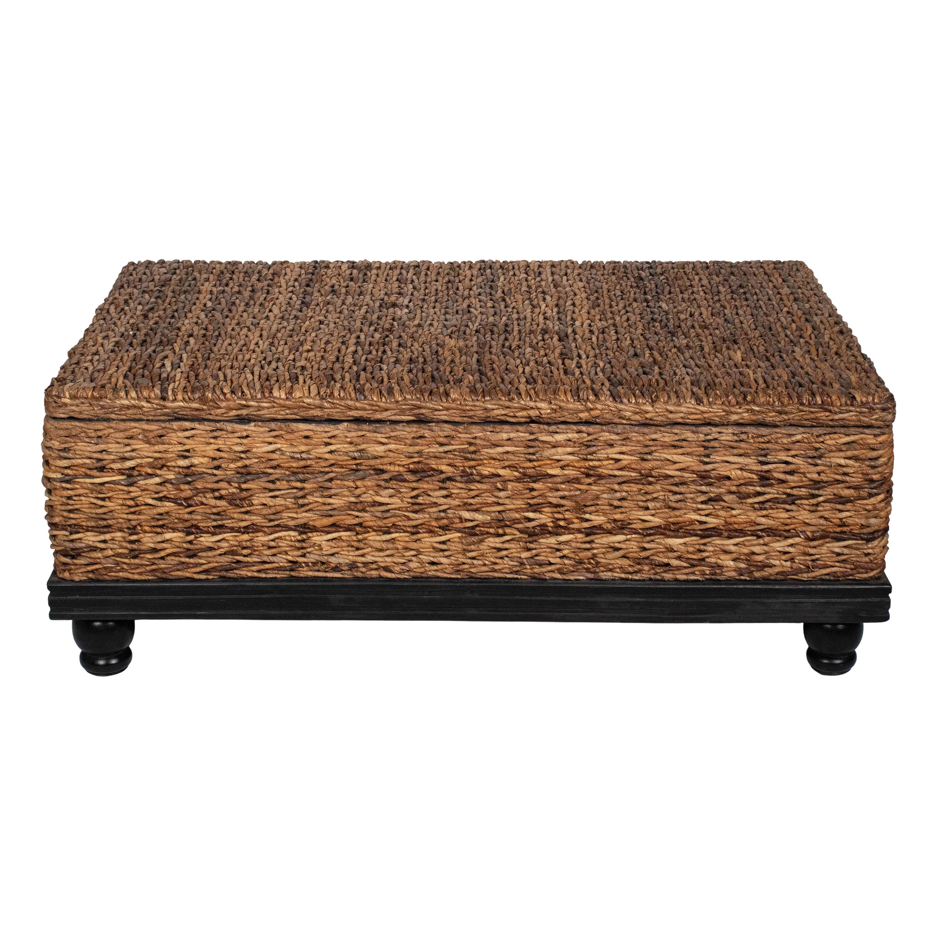 Front. Manhattan Lane - Jinu 48 Inch Coffee Table with Natural Brown Woven Banana Leaf Top, Acacia Wood Base, Organic Decor - Natural Brown, Black.