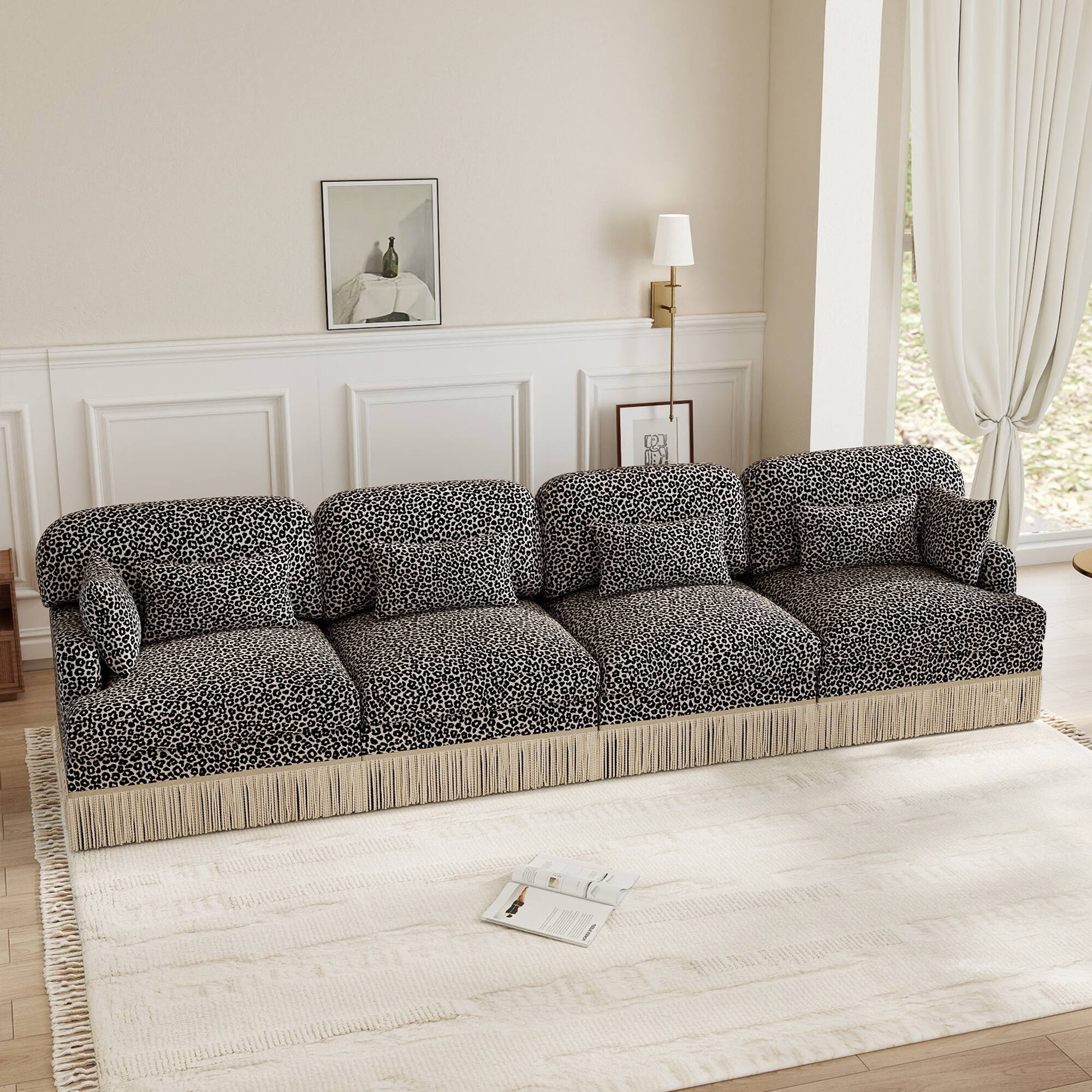 Left. Anysun - 131" Leopard Print Chenille 4-Seater Modular Sofa, Tassel Edge, Ergonomic Deep Seat, Easy Assembly Couch for Living Room - khaki.