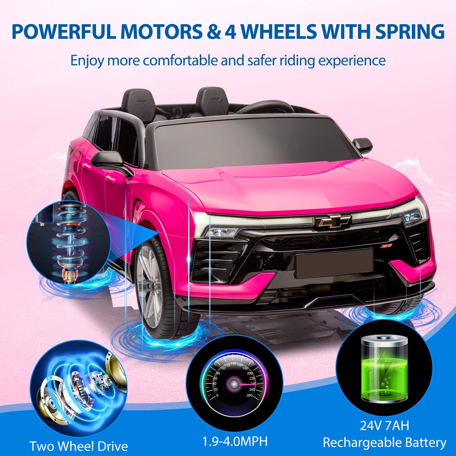 POWERFUL MOTORS & 4 WHEELS WITH SPRING  
Enjoy more comfortable and safer riding experience  

Two Wheel Drive  
1.9-4.0MPH  
24V 7AH Rechargeable Battery