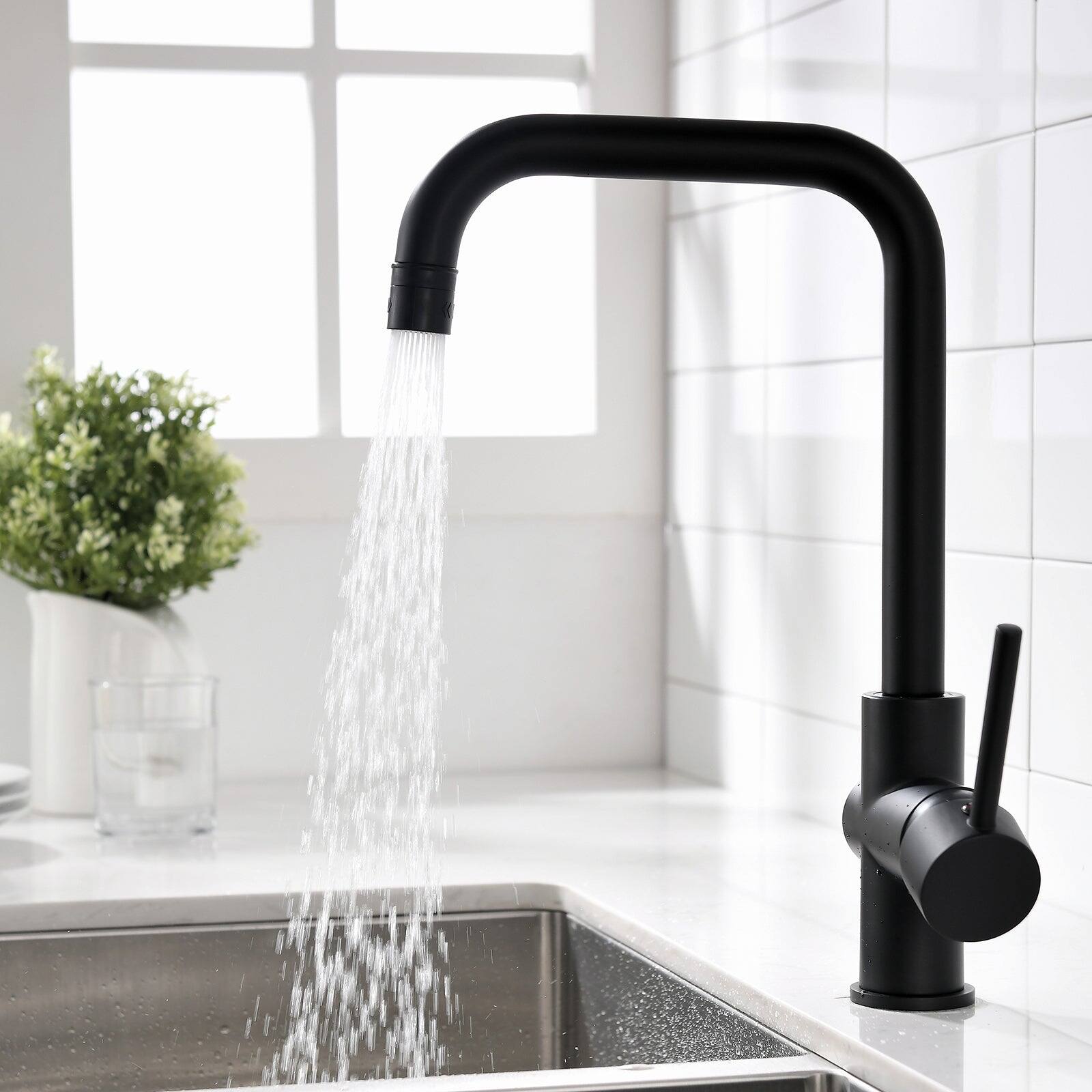 Alt View 4. Boyel Living - Black Single Handle Sprayer Kitchen Faucet Stainless Steel - Black.