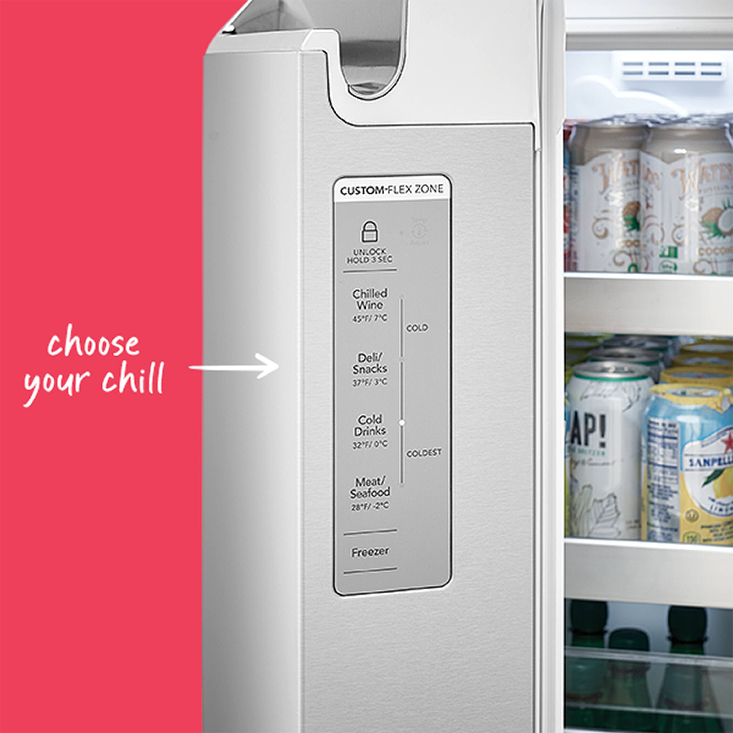 Custom-Flex Zone 3: Choose your chill.

Chilled Wine: 45/7C
Chilled Deli Snacks: 37/3C
Chilled Drinks: 32-2/0C
Coldest Meat/Seafood: 28*F/-2C
Freezer: 1