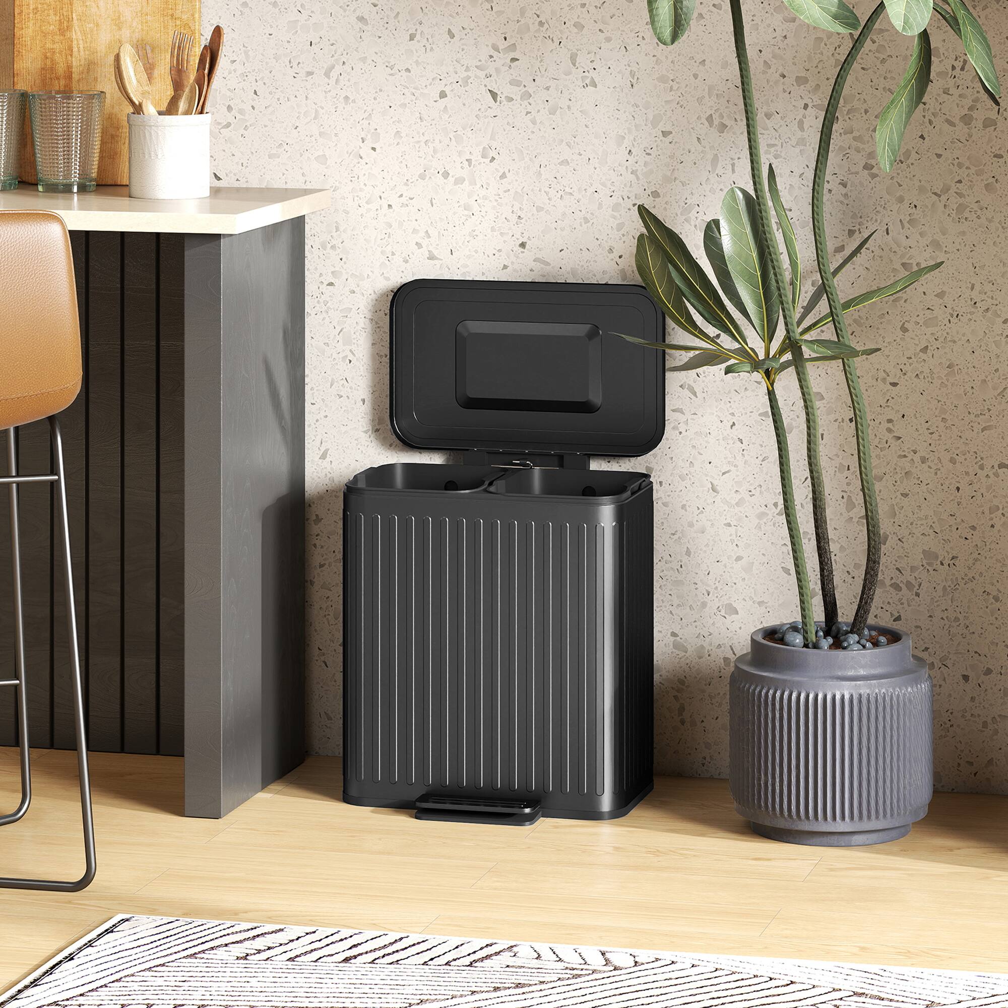 Alt View 8. Homcom - Trash Can with Lid, 2 x 5.3Gal Double Step-On Kitchen Trash Can - Black.