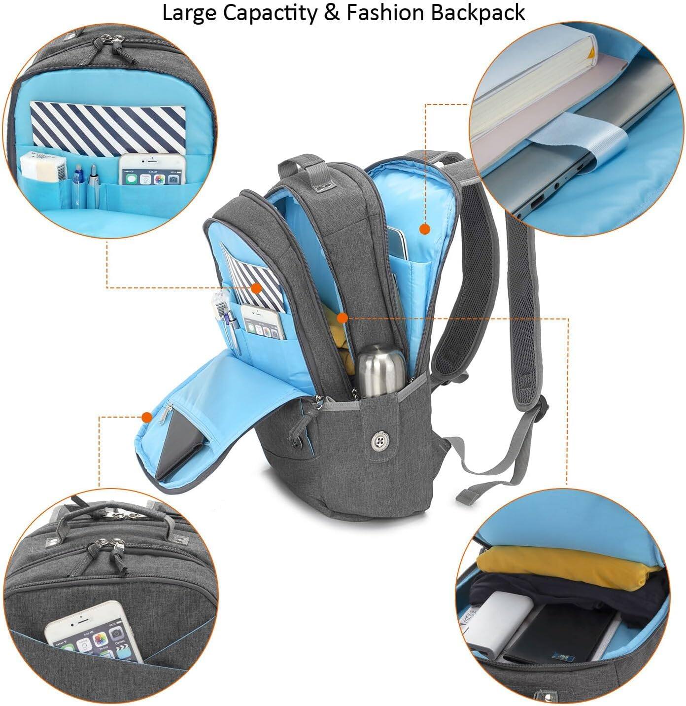 Large Capacity & Fashion Backpack

- Interior with multiple compartments and pockets
- Padded laptop sleeve
- Water bottle holder
- Phone pocket
- Tablet or book holder
- Adjustable straps and padding for comfort