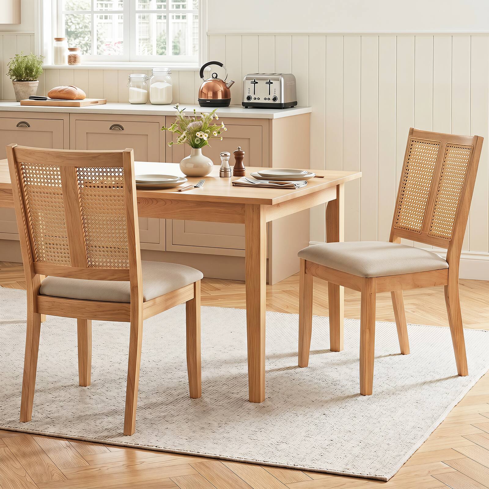 Alt View 1. Gymax - Gymax Rattan Dining Chairs Set of 2 w/Curved Backrest & Padded Seat Rubber Wood Frame Natural & Beige - Yellow.