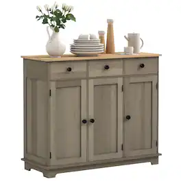 Homcom - Sideboard with Solid Wood Countertop, Modern Kitchen Storage Cabinet, Coffee Bar Cabinet with 3 Drawers, Doors - Distressed Gray