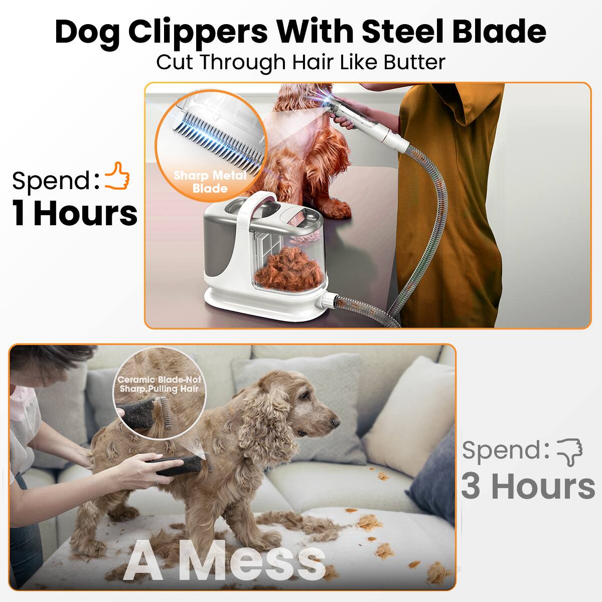 Dog clippers With Steel Blade Cut Through Hair Like Butter Sharp Metal Blade Spend: 1 Hours
Ceramic Blade-Not Sharp. Pulling Hair Spend: 3 Hours A Mess