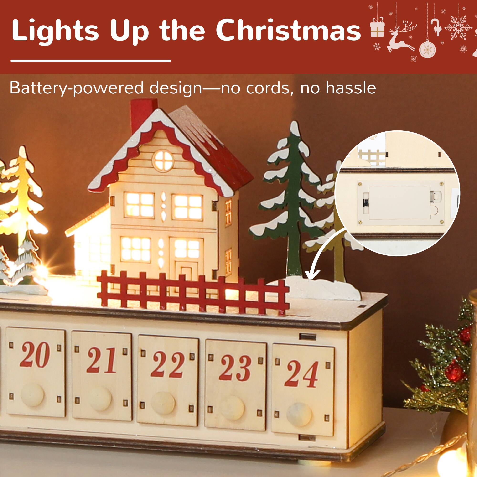 Lights Up the Christmas  
Battery-powered design—no cords, no hassle  

20 21 22 23 24