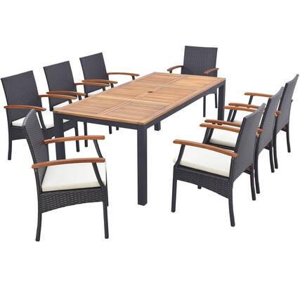 Front. Gymax - Gymax Set of 9 Patio Rattan Dining Set w/ Acacia Wood Table & Cushions 1.9'' Umbrella Hole - Mix Brown, Off White.